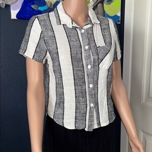 URBAN Romantics Linen Blend Black and White Striped Button-Up Top